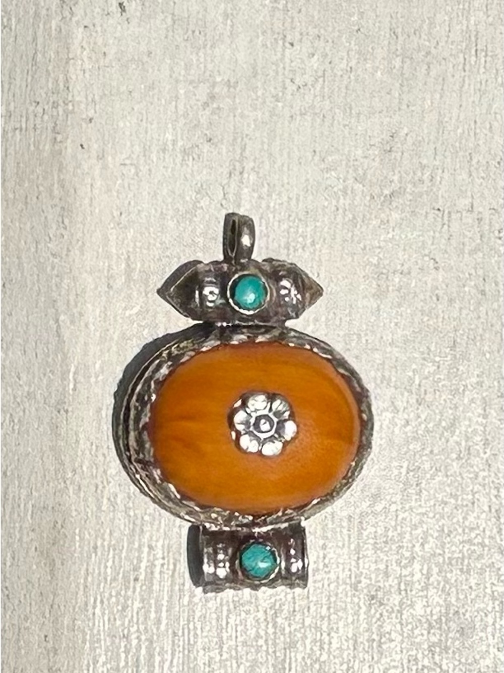 Tibetan Copal Resin Orange Stone and Turquoise Accent Silver Pendant